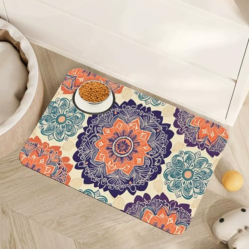 Mandala Flower Dog Cat Food Mat,Vintage Boho Floral Absorbent Pet Feeding Mat with Rubber Backing,Non-Slip Water Bowl Placemat,Indoor Pet Accessories Supplies 12"x20" - color: Mandala Flower Vintage Boho, size: 20"L x 20"W