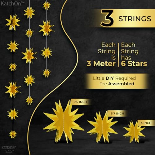 KatchOn, Pack of 8, 3D Gold Star Garland Decorations | Star Hanging Decorations for New Year Decor 2026 with New Years Eve Party Supplies| 2026 Balloons Gold | Happy New Years Decorations 2026