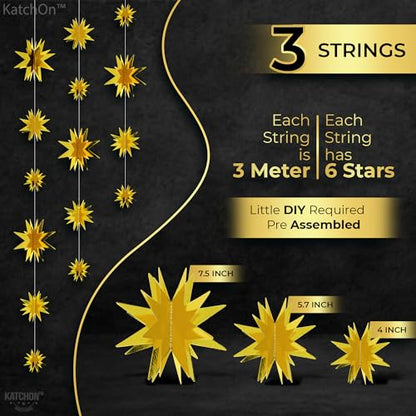 KatchOn, Pack of 8, 3D Gold Star Garland Decorations | Star Hanging Decorations for New Year Decor 2026 with New Years Eve Party Supplies| 2026 Balloons Gold | Happy New Years Decorations 2026
