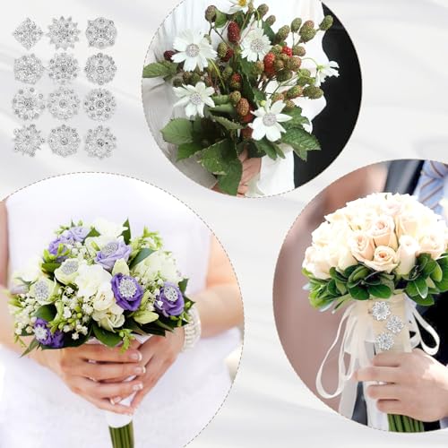 12 Pcs Crystal Rhinestone Flower Brooch Pins Set, Silver Brooch Pins for Women Alloy Wedding Bouquet Brooches for Women Fashion Crafts Embellishment Bridal Wedding Bouquet Kit