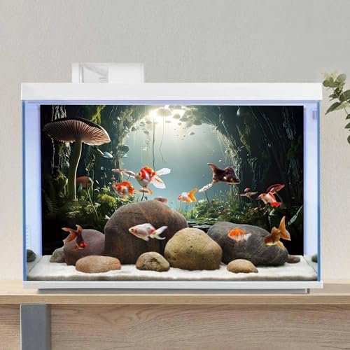 AWERT 30x18 inches Aquarium Background Foggy Stone Mushroom Moss Terrarium Background Polyester Green Plants Cave Fish Tank Background - size: 30x18in/75x45cm