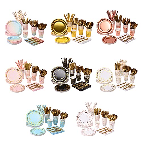 201-Piece Blue Party Supplies Set - Disposable Paper Dinnerware Serves 25 - Gold Dot Blue Paper Plates, Napkins, Cups & Plastic Silverware Sets for Wedding, Baby Shower & Holiday Parties - color: Blue