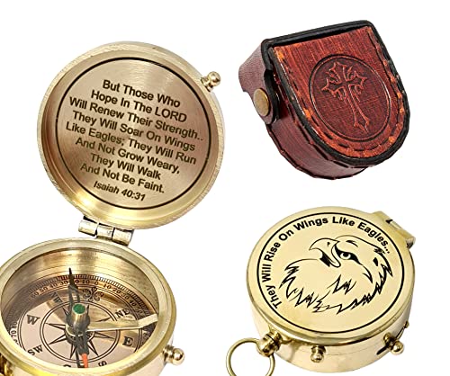 Brass Compass Engraved with Religious Scripture Verse - Ideal Gift for Son, Grandson, Daughter - Perfect for Baptism, Communion, Church and Graduation Day Present - style: Isaiah 40:31 - "They Will Rise On Wings Like Eagles"