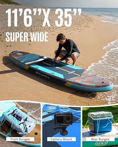 ZLX 11'6"x35" Ultra Wide Inflatable Stand Up Paddle Board | Stable Non-Slip Deck Pad, Unique Fin System, Premium SUP Accessories & Backpack - Upgraded Pump for Adults, All Skill Levels - color: Black Wood