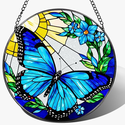 Stained Glass Window Hanging, 8 Inch Sun Catchers Indoor Window, Butterfly Suncatchers for Windows Doors Home Decoration and Christmas, Festival, Housewarming, Mother's Day, Birthday, Gift for Women - color: Blue Butterfly
