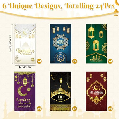 24Pcs Eid Mubarak Money Envelopes for Cash Ramadan Gifts Cards Holders Eid Holiday Pocket Envelope for Money Islamic Muslim Mubarak Cards, 6 Colors