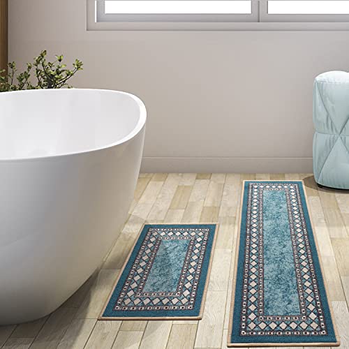 Antep Rugs Alfombras Modern Bordered 2pc Non-Skid (Non-Slip) Low Profile Pile Rubber Backing Indoor Kitchen Runner Rugs (Blue, 2pc Set) - color: Blue, size: 2pc Set