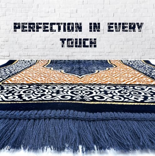 Velvet Islamic Prayer Rug Set (Thick Prayer Mat - 99 Tasbih Prayer Beads - Black Cotton Kufi Hat) Eid and Ramadan Gift for Muslims (Blue) - color: Blue