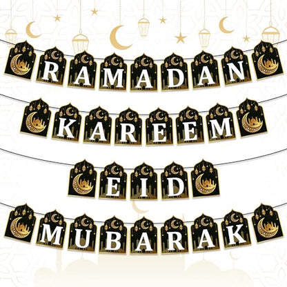 WATINC 4pcs Ramadan Kareem Banner Eid Mubarak Decoration, Ramadan Hanging Banners Decor, No DIY Needed Eid Mubarak Al-Fitr Iftar Party Favor Hang Bunting Supplies for Home Tree Fireplace Wall 10 Feet