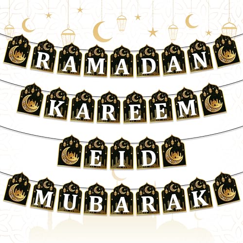 WATINC 4pcs Ramadan Kareem Banner Eid Mubarak Decoration, Ramadan Hanging Banners Decor, No DIY Needed Eid Mubarak Al-Fitr Iftar Party Favor Hang Bunting Supplies for Home Tree Fireplace Wall 10 Feet
