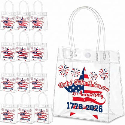 Aliceset 24 Pcs 250th Anniversary Clear PVC Gift Bags with Handles Patriotic Waterproof Reusable Tote for 4th of July Independence Day Party Favors, 6.31" x 5.91" x 3.15" - style: Patriotic