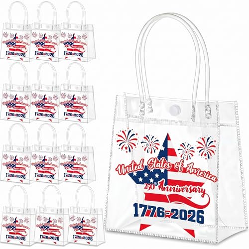 Aliceset 24 Pcs 250th Anniversary Clear PVC Gift Bags with Handles Patriotic Waterproof Reusable Tote for 4th of July Independence Day Party Favors, 6.31" x 5.91" x 3.15" - style: Patriotic
