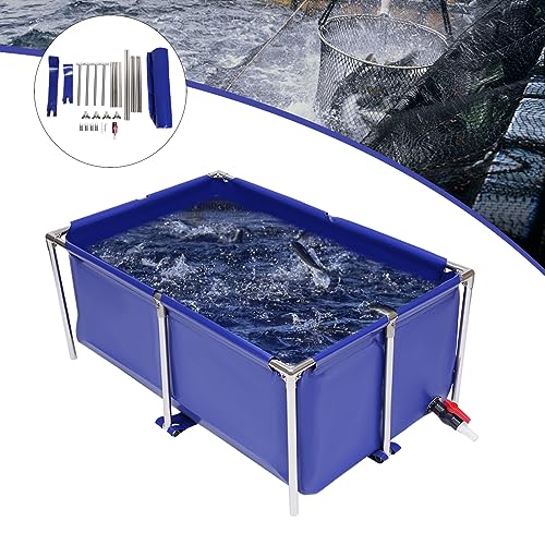 Canvas Fish Pond, Modern Blue Aquarium Fish Water Tank Cuboid Ornamental Swimming Pool Koi Breeding Pond with Drain Valve, Foldable Water Storage Pond Temporary Holding Viewing Canvas Fish Pond