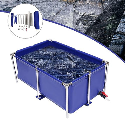 Canvas Fish Pond, Modern Blue Aquarium Fish Water Tank Cuboid Ornamental Swimming Pool Koi Breeding Pond with Drain Valve, Foldable Water Storage Pond Temporary Holding Viewing Canvas Fish Pond