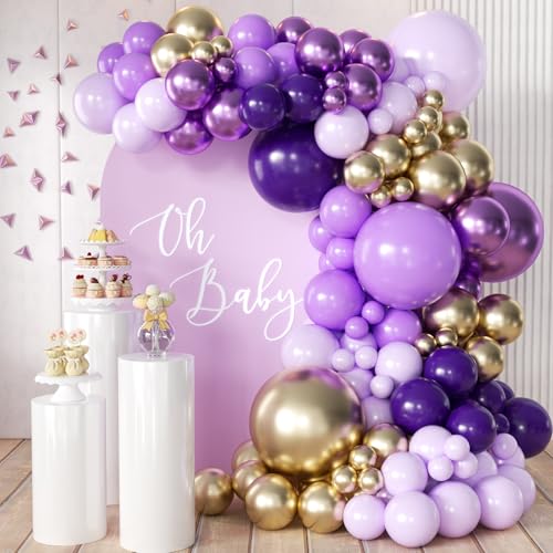 MEBAY Purple and Gold Balloons Arch Kit, 166Pcs Dark Purple Metallic Lavender Lilac Violet Gold Chrome Balloons for Baby Shower Girl Princess Party Wedding Decorations - color: Purple-gold