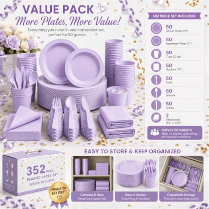 Tinybee 352 Pcs Lilac Plastic Plates, Disposable Dinnerware Set for 50 - color: Lavender