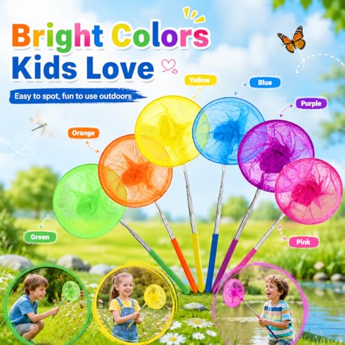 RAINFLOW Telescopic Butterfly Nets - Fishing Net with Anti Slip Grip | Outdoor Catcher Net for Catching Butterfly, Bugs, Insect, Fish, Ladybird, Extendable 6.7 in to 34 in - size: 6 Pack