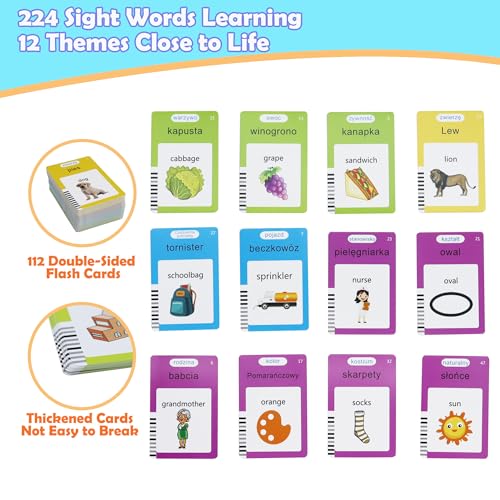 MAYAPHILOS 224 Sight Words Polish and English Talking Flash Cards Fun Polish Language Learning Toys for Kids, Learn Polish for Toddlers Sensory Preschool Educational Birthday Gifts - size: 224 Words Polish and English