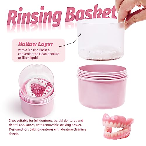 Denture Bath Case Cup Box Holder Storage Soak Container with Strainer Basket for Home or Travel Denture Cleaning (pink) - color: pink