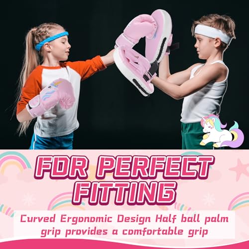 Boxing Gloves and Punching Mitts Set 4oz Gloves Boxing Pads Kids Youth Sparring Gear Training Equipment for Taekwondo Kick Karate Muay Thai MMA Martial Art - style: Pink Unicorn