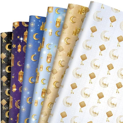 FYSUIMU 12 Sheets Eid Mubarak Wrapping Paper -Not Roll- 6 Colors Gift Wrap Paper Folded Flat Gold Mosque Moon Star Craft Paper for Ramadan Muslim Party Supplies, 19.7 x 27.6 Inch