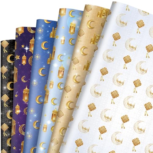 FYSUIMU 12 Sheets Eid Mubarak Wrapping Paper -Not Roll- 6 Colors Gift Wrap Paper Folded Flat Gold Mosque Moon Star Craft Paper for Ramadan Muslim Party Supplies, 19.7 x 27.6 Inch