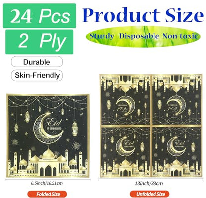 24 Pcs Ramadan and Eid Crescent Moon Party Napkins Ramadan Kareem Eid Mubarak Disposable Napkins, Arabic Design Themed Paper Napkins for Eid Al-Fitr Party Decorations, 6.5" 2-Ply(Black)