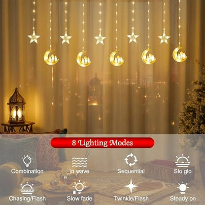 Ramadan Curtain Lights,135 LED Star & Castle String Lights,USB Powered Dimmable Twinkle Curtain Fairy Lights,8 Lighting Modes Warm White Window Light,Ramadan Decorations for Home Indoor Decor
