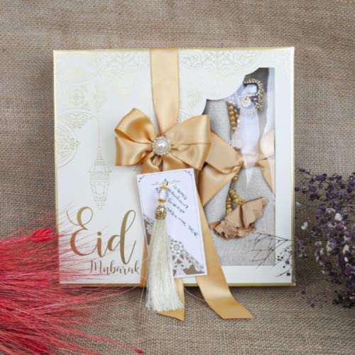 VOGUEHOMEDECOR Eid Mubarak Gift Box For Women, Eid Favor Set | Quran, Shawl, Prayer Rug, Misbaha, Bookmark Islamic Gift Set For Her | Muslim Eid Gift Set (White)