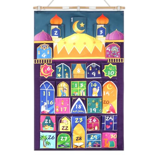 HOWAF Fabric Ramadan Advent Calendar (Countdown to Eid), Mosque Eid Ramadan Countdown Calendar with 30 Pockets for Ramadan Mubarak Home Wall Decoration, Islamic Decor Eid Holiday Advent Calendar Planner Supplies