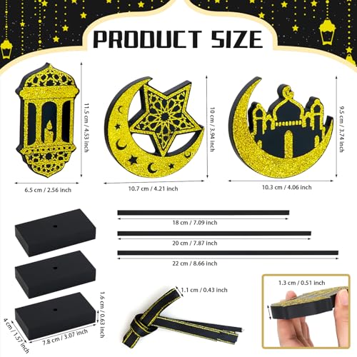 3-Piece Ramadan Wooden Table Decorations, Black Gold Eid Mubarak Table Topper Set, Shiny Islamic Ramadan Tiered Tray Decor for Muslim Party, Wedding, Tabletop, Bookshelf, Home Decor