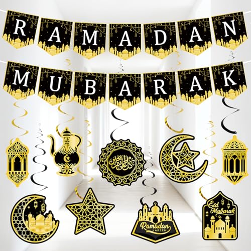 Ramadan Eid Mubarak Decorations for Home,Ramadan Eid Mubarak Banner with Hanging Swirls Party Decor,Star Moon Lantern Shining Foil Decorations for Eid Al-fitr Party Islamic Muslim Home Decor（Black） - color: Black