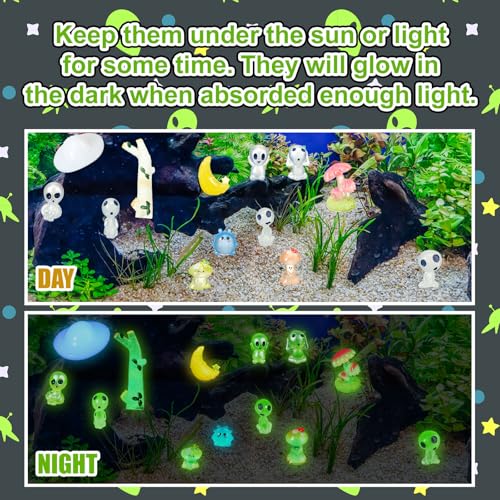 Civaner 13 Pcs Alien Decor Glow in Dark Mini Alien Betta Fish Tank Decoration Fairy Garden Accessories Scary Decor Miniature Accessories Tree Elves for Garden Aquarium Dollhouse Table