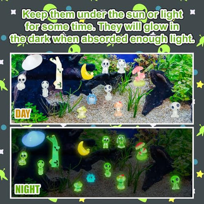 Civaner 13 Pcs Alien Decor Glow in Dark Mini Alien Betta Fish Tank Decoration Fairy Garden Accessories Scary Decor Miniature Accessories Tree Elves for Garden Aquarium Dollhouse Table