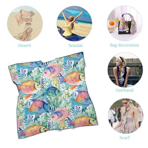 Women’s Square Scarf 27"x27", Lightweight Chiffon Satin Feel Fashion Scarf for Neck Hair Band Head Wrap Bag Accessory - color: Colorful Fish Sea Life