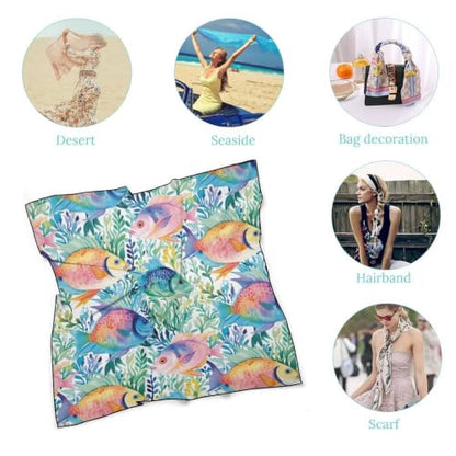 Women’s Square Scarf 27"x27", Lightweight Chiffon Satin Feel Fashion Scarf for Neck Hair Band Head Wrap Bag Accessory - color: Colorful Fish Sea Life