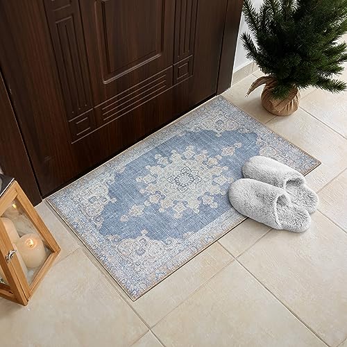 RugOver Machine Washable Area Rug, Pet-Friendly and Non-Slip Indoor Carpet for Kitchen, Bathroom, Living Room, Home Floor Decoration (Blue Jean/Peanut, 2' x 3') - color: 0002, size: 2' x 3'
