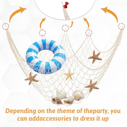 6 Pcs Natural Fish Net, 80 x 40 Inch Natural Cotton Fish Net Decorations, Ocean Themed Wall Hanging Fishing Nets for Sea Party, Beach Party, Wall Decor, Table Decor (Beige) - size: 6 Pcs