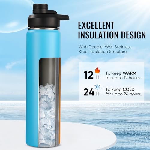 Fijinhom Insulated Water Bottle with Handle, 304 Stainless Steel Water Bottles with Wide Mouth, Double Wall Vacuum Sports Water Bottle, BPA Free, Keep Cold and Hot, 24 Ounces, Monster Blue - color: Monster Blue, size: 24 Ounces