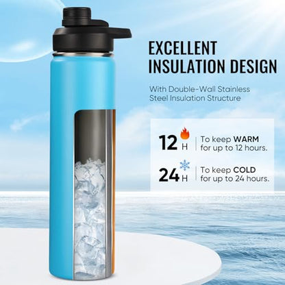 Fijinhom Insulated Water Bottle with Handle, 304 Stainless Steel Water Bottles with Wide Mouth, Double Wall Vacuum Sports Water Bottle, BPA Free, Keep Cold and Hot, 24 Ounces, Monster Blue - color: Monster Blue, size: 24 Ounces