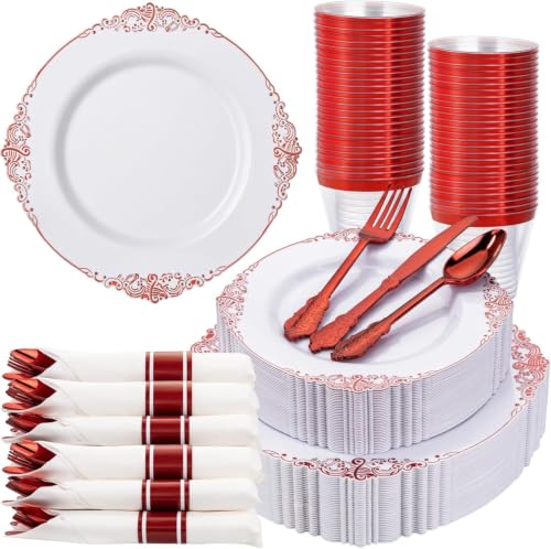 Nervure 175Pcs Red Plastic Plates, Red Plastic Dinnerware Set for 25 Guests - color: White and Red, size: 175Pcs(25Guests)