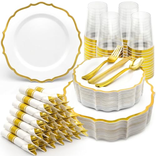 Glowserve 350Pcs Gold Plastic Plates Disposable Dinnerware Set for 50Guests - color: Gold, size: 50guests(350PCS)
