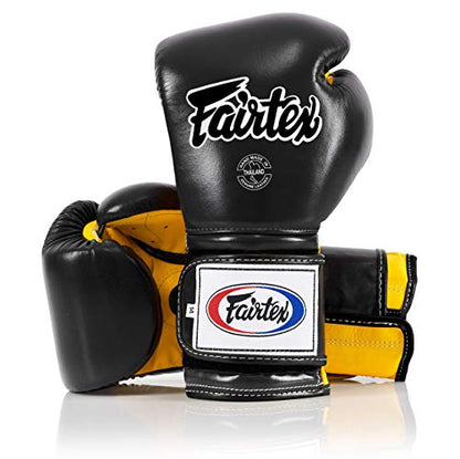 Fairtex BGV9 Muay 전문 복서 및 트레이너를 위한 | 하드 타자를 위한 멕시코 스타일 장갑 | 무술용 MMA 장갑 | 경량 및 충격 흡수 복싱 장갑 - color: 블랙/옐로우/블랙 파이핑, size: 14온스