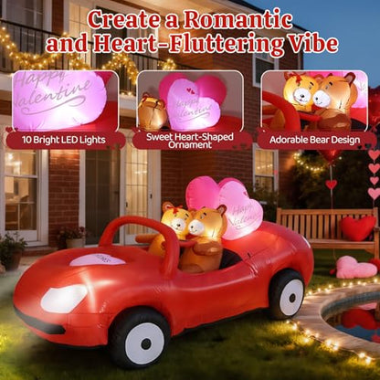 Lewondr 7.5FT Valentine's Day Inflatable Outdoor Decorations, Lovely Bears Drive a Car Blow up Romantic Yard Decoration with 10 Build-in Lights, Valentine's Inflatable Decor for Lawn Party Wedding - style: Car