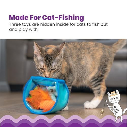 Catstages Hide & Seek Fish Bowl Interactive Cat Toy with Two Catnip Blend Toys, Blue