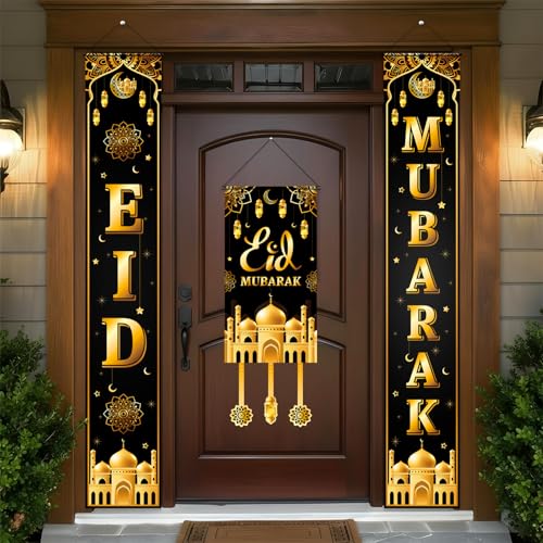 Eid Mubarak Porch Banner, 3Pcs Eid Door Sign Decorations for Home, Black and Gold Muslim Ramadan Banners for Front Door, Indoor & Outdoor Decor - color: Black and Gold