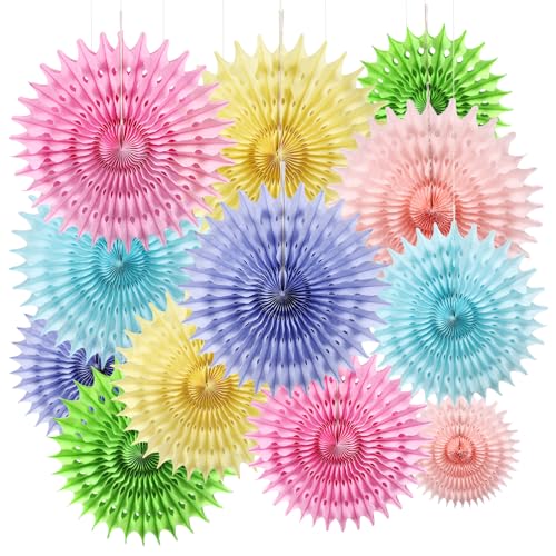12PCS Paper Fans Pastel Rainbow Colorful Party Decorations Tissue Paper Flowers Decorations for Girl Groovy Birthday Baby Shower Wedding Bachelorette Room Wall Hanging Décor - color: Pastel