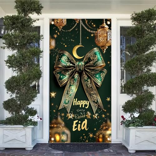 Eid Mubarak Door Cover Banner 71 x 35 Inch Green Gold Moon Star Lantern Design Islamic Holiday Decoration for Front Door Indoor Outdoor Ramadan Party Decor - color: Style 5