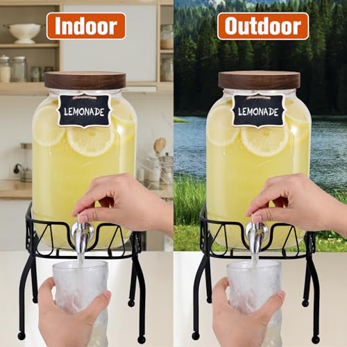 Mustry Glass Drink Dispenser for Parties, 1 Gallon Beverage Dispenser with Stand and Spigot Solid Stainless Steel, Used as Lemonade Dispenser Sun Tea Jar Kombucha Jar - size: Single, with Stand