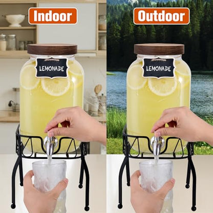 Mustry Glass Drink Dispenser for Parties, 1 Gallon Beverage Dispenser with Stand and Spigot Solid Stainless Steel, Used as Lemonade Dispenser Sun Tea Jar Kombucha Jar - size: Single, with Stand
